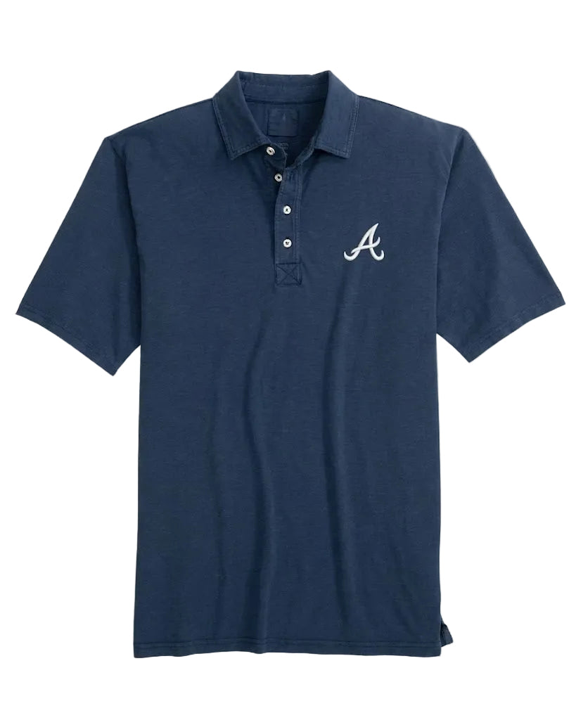 Navy blue polo shirt with a small logo on a light gray background