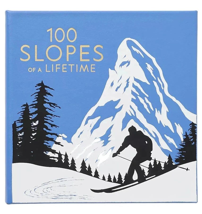 Book cover of '100 Slopes of a Lifetime' with a skier and mountain illustration on a blue background.