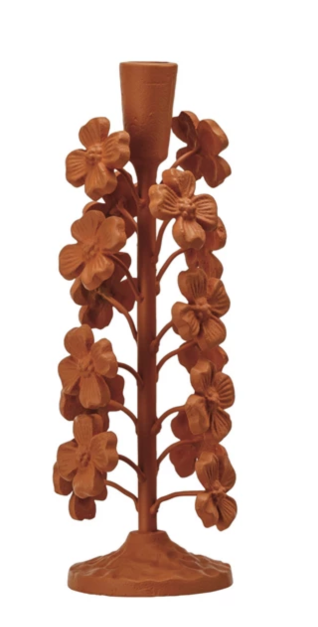 Cast Iron Flowers Taper Holder Terra-cotta