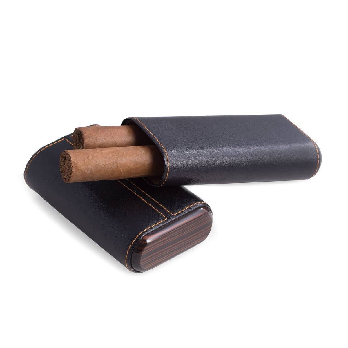 Leather 3-Cigar Case with Ebony Wood Accent