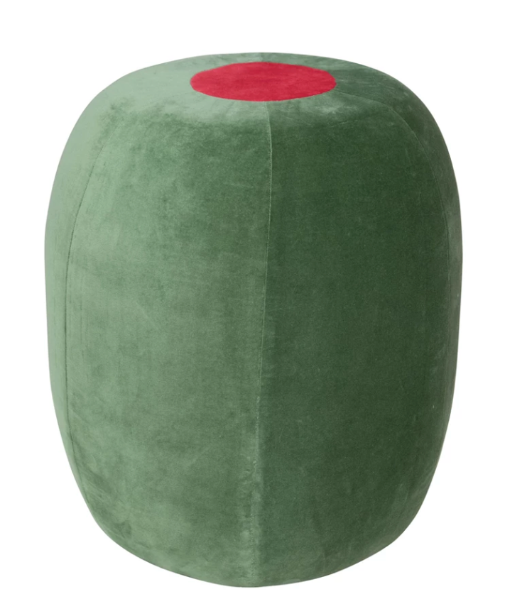 Cotton Velvet Upholstered Olive Shaped Stool, Green & Red