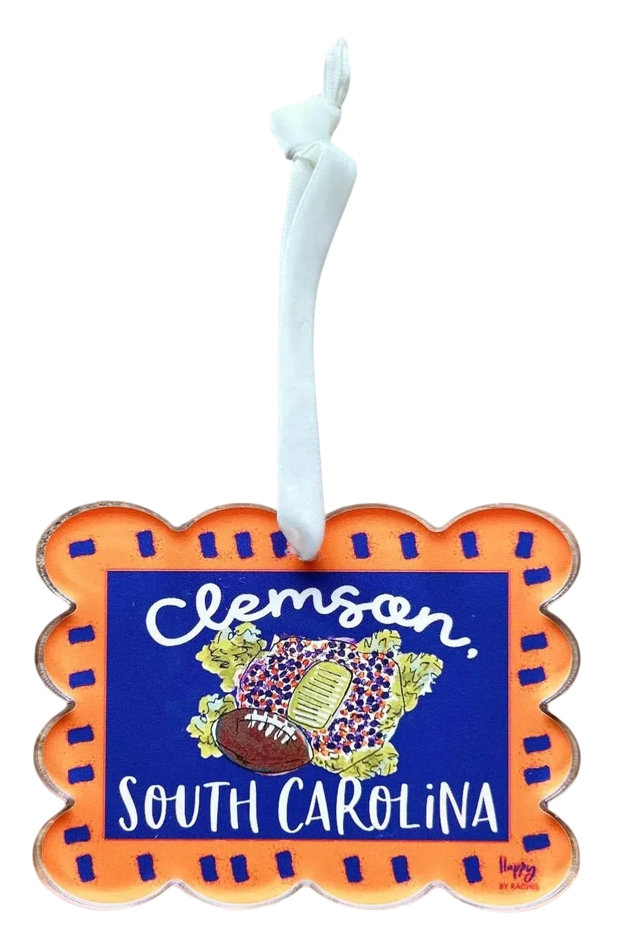 Miller Collective Clemson acrylic scallop stadium ornament with football graphic and white ribbon on wood background