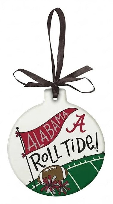 Decorative ornament with 'Alabama Roll Tide!' text and football design on a white background