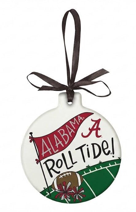 Decorative ornament with 'Alabama Roll Tide!' text and football design on a white background