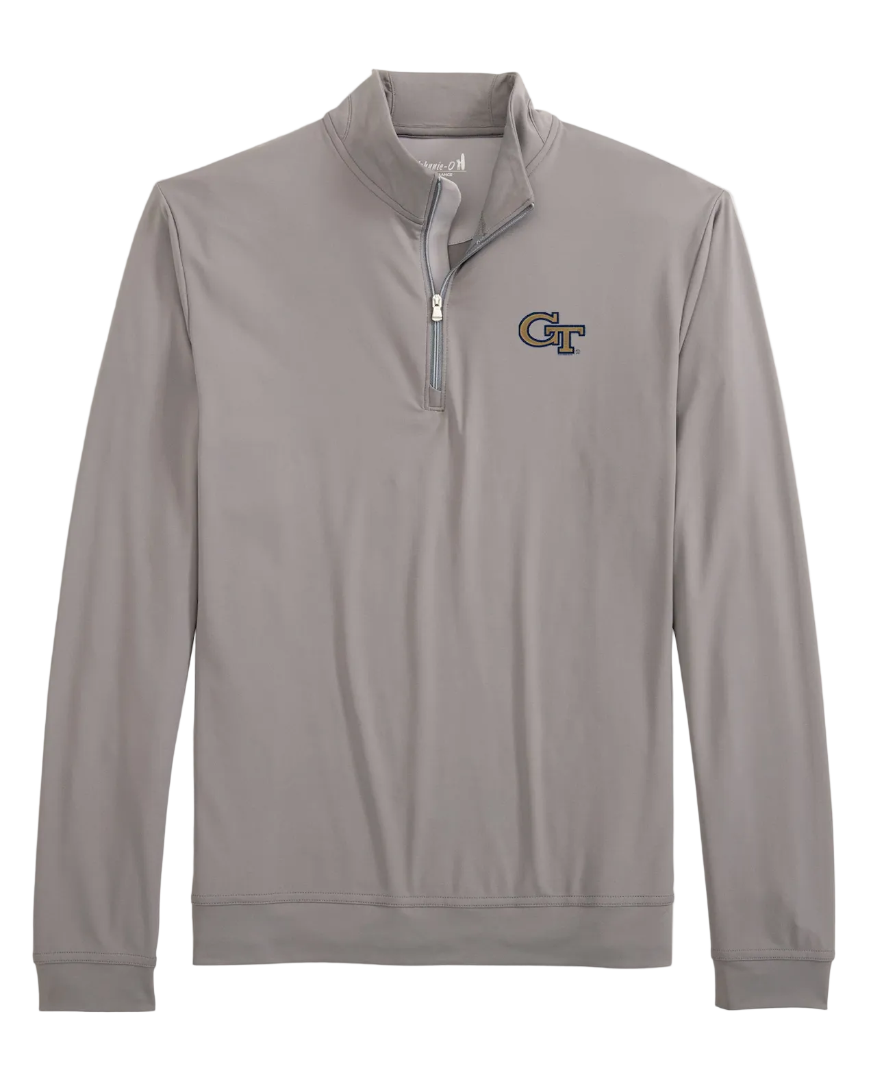 Gray long-sleeve shirt with a logo on a white background