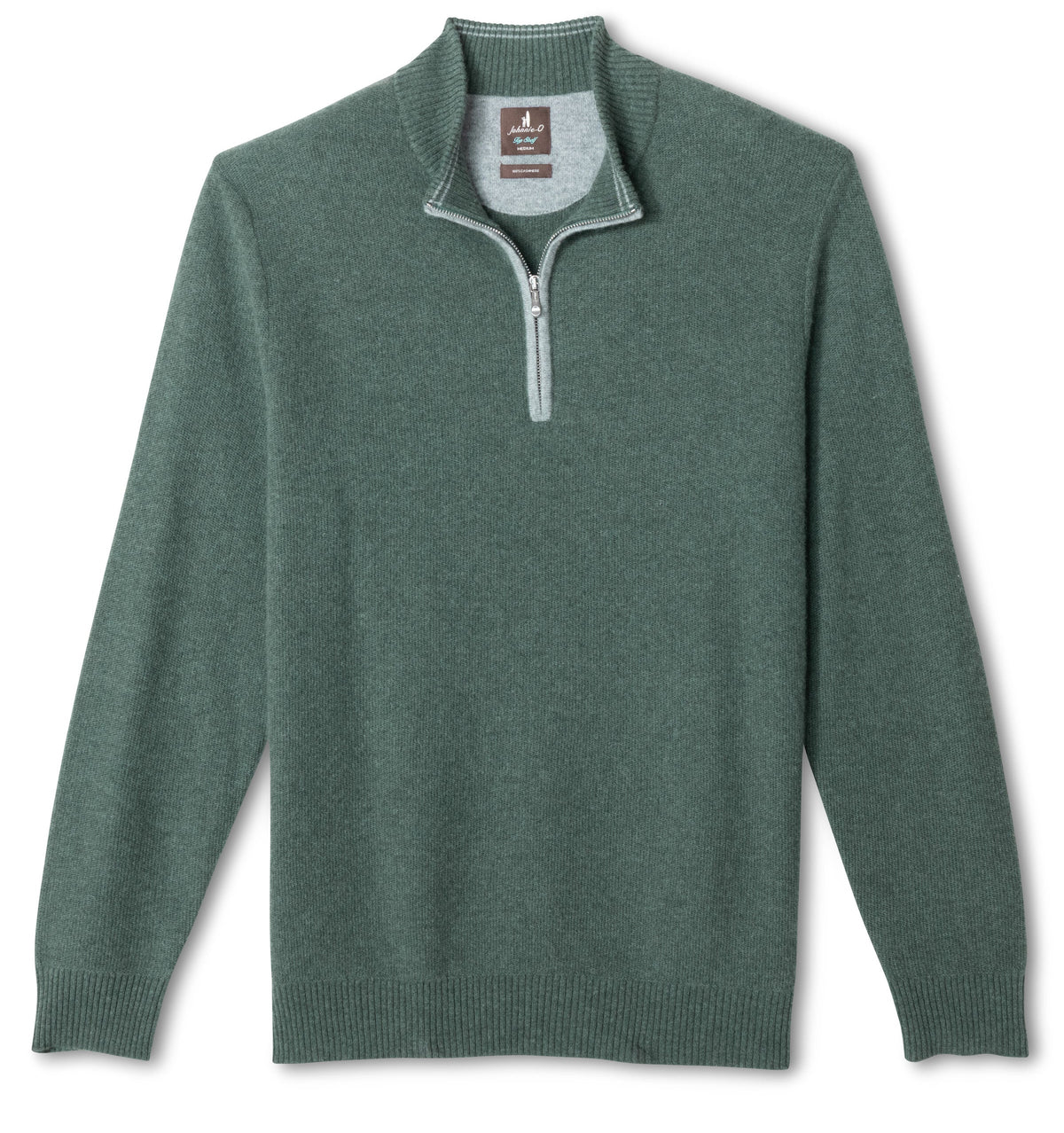 A men's green half-zip knit sweater with a light gray inner collar lining, displayed flat against a white background.