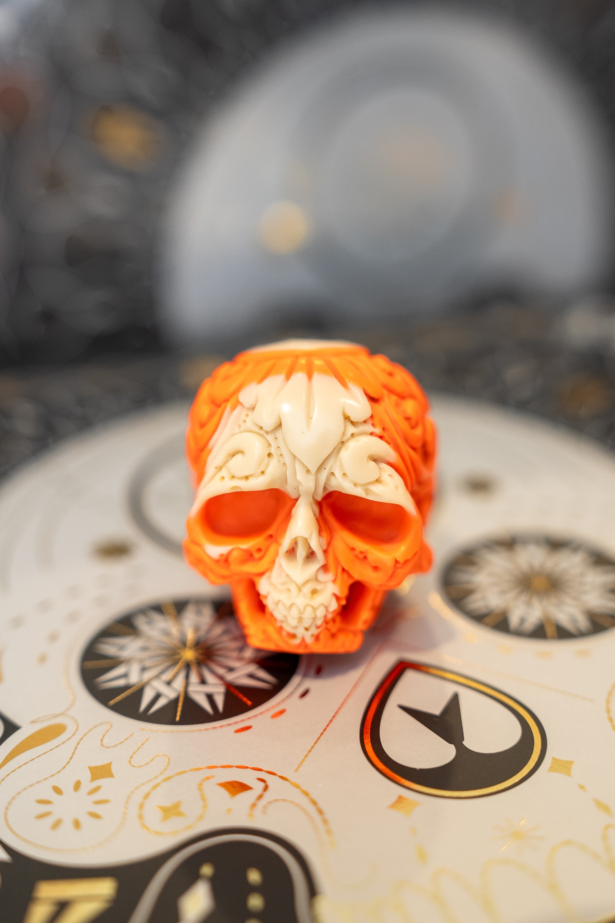Scroll Pool Ball Carved Skull Orange