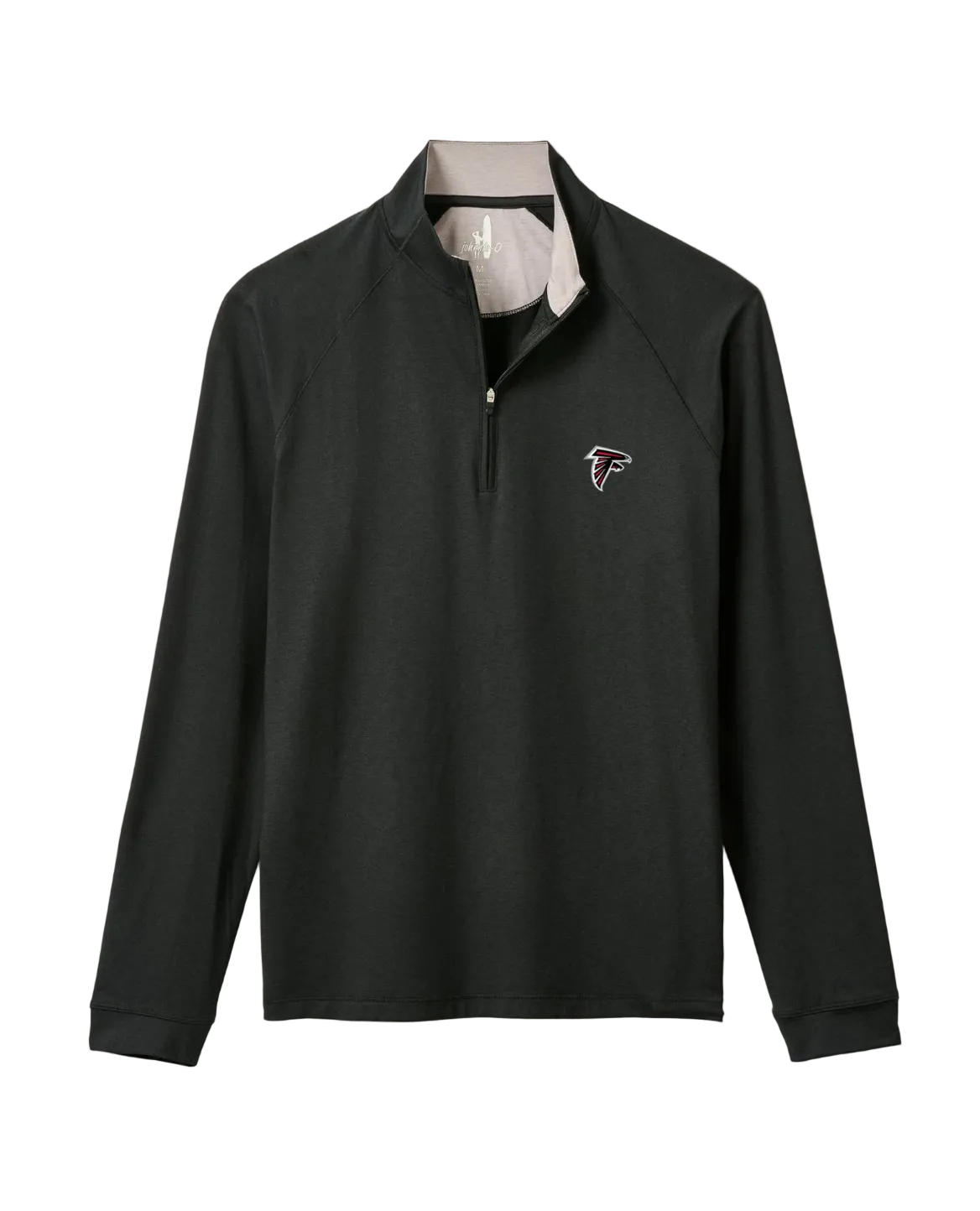 Black long-sleeve shirt with a logo on a light beige background