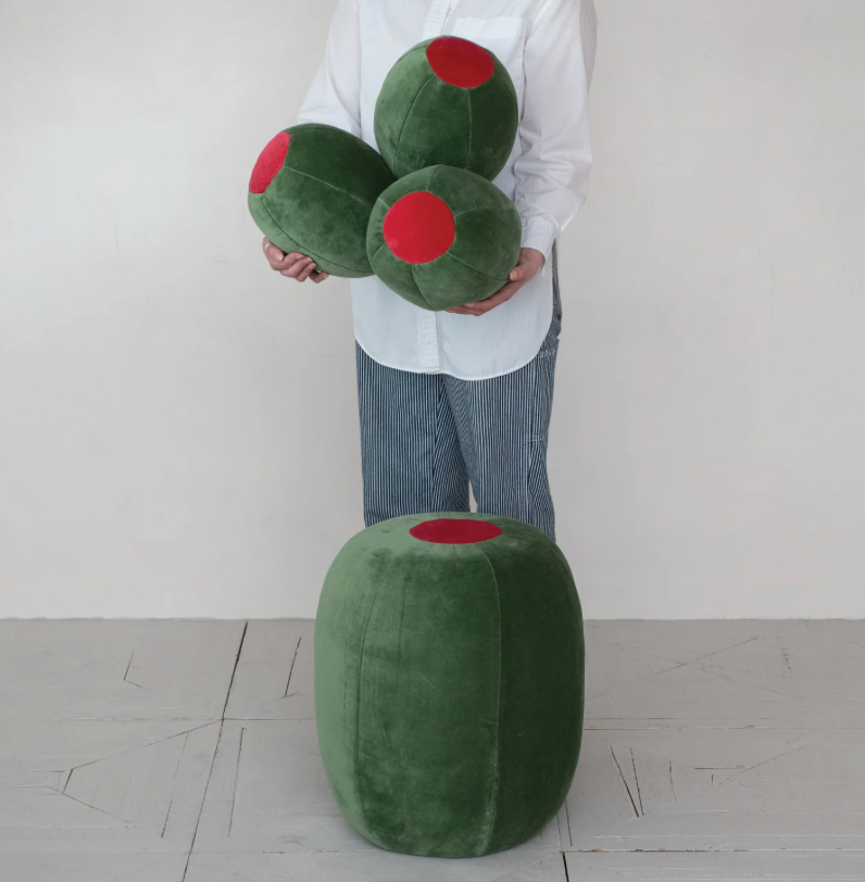 Cotton Velvet Upholstered Olive Shaped Stool, Green & Red