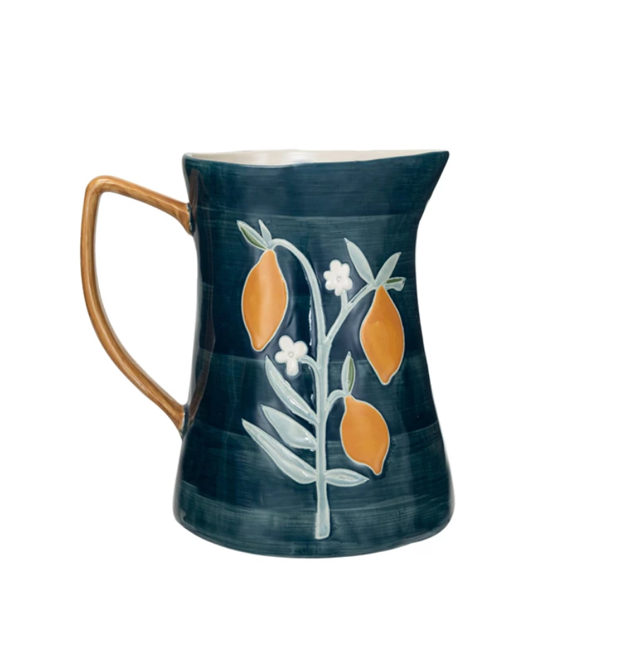 Hand Painted Stoneware Pitcher with Flowers & Lemons