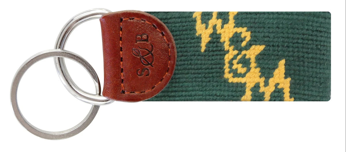 Keychain with green strap and brown leather tag on a white background