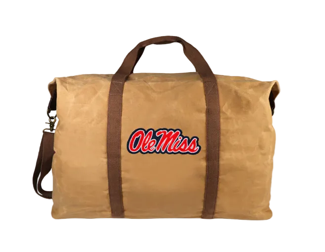 Beige duffel bag with 'Ole Miss' logo on a light gray background