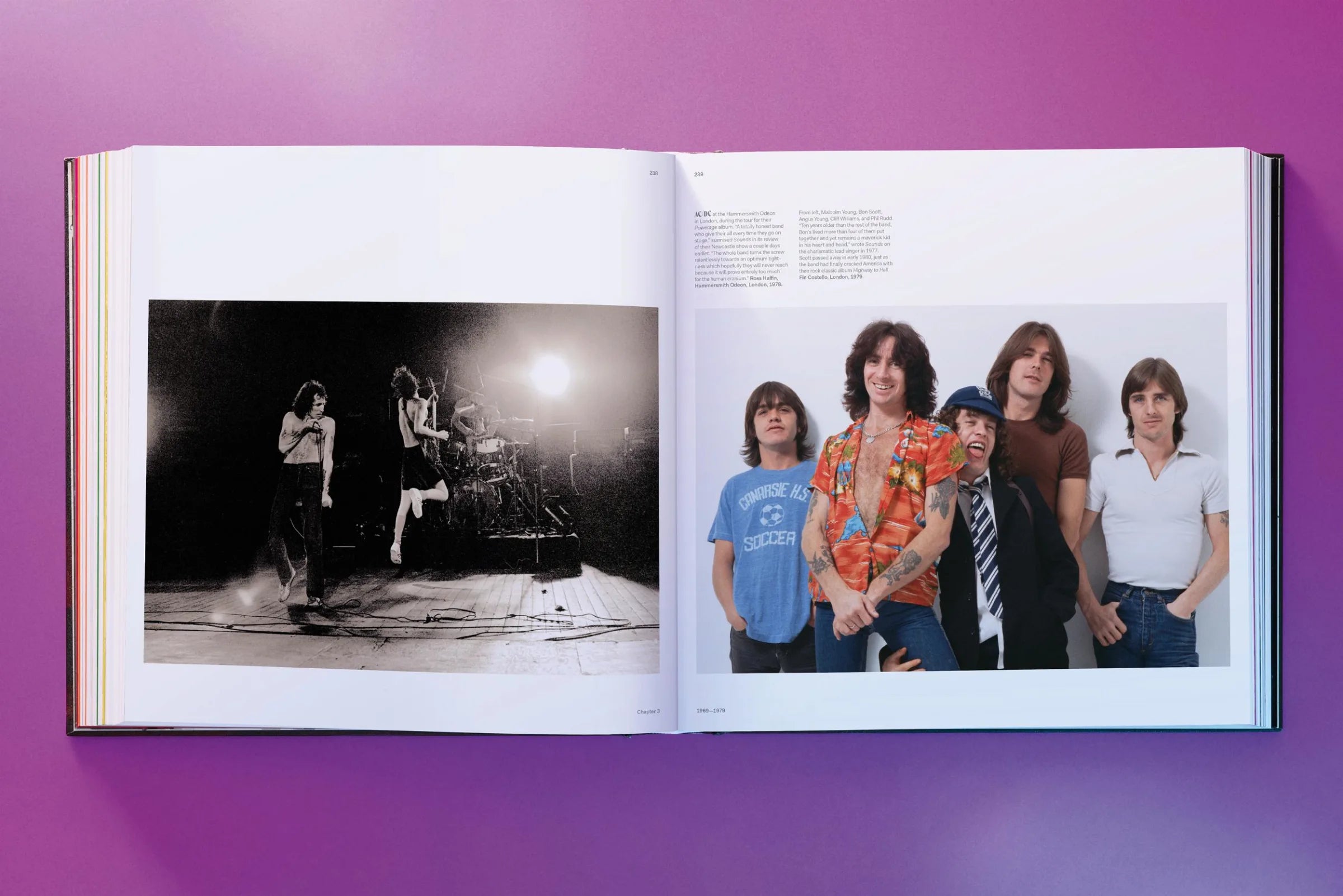 Open book showing a band on stage and a group of people together with a purple background