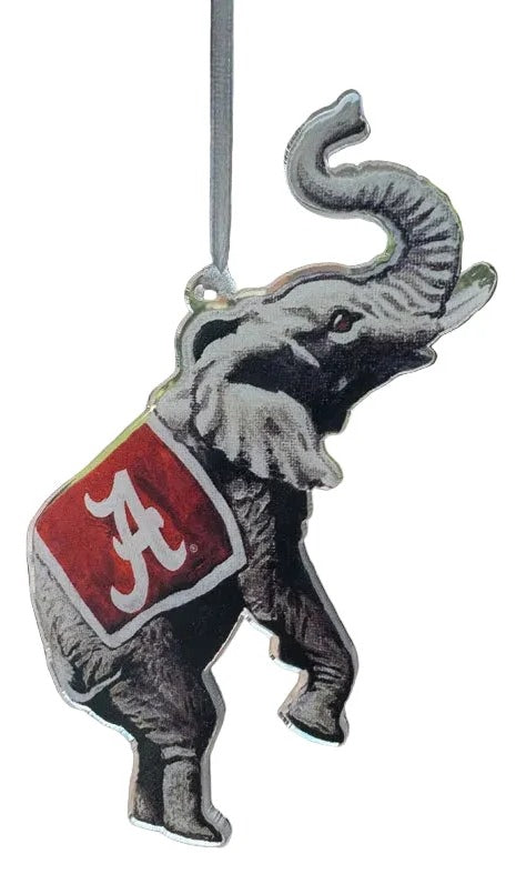 Decorative elephant with Alabama logo on a brick path, with stadium in the background