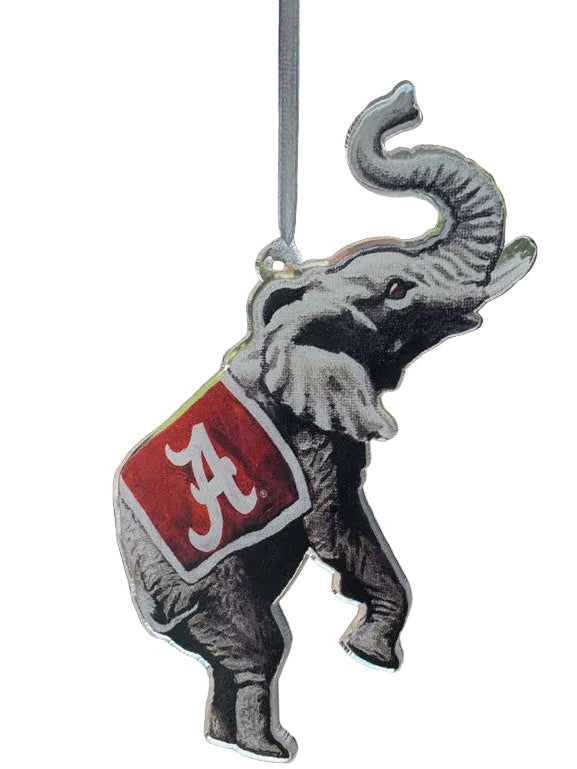 Decorative elephant with Alabama logo on a brick path, with stadium in the background
