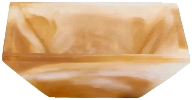 A square resin bowl with a marbled amber, tan, and cream pattern, photographed on a clean white background.