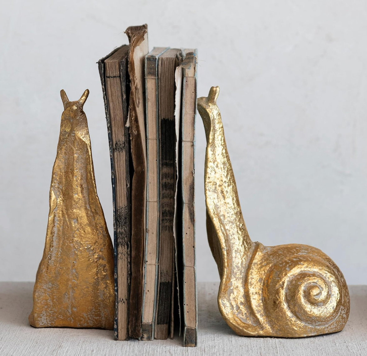 Cast Iron Snail Bookends, Distressed Gold Finish, Set of 2