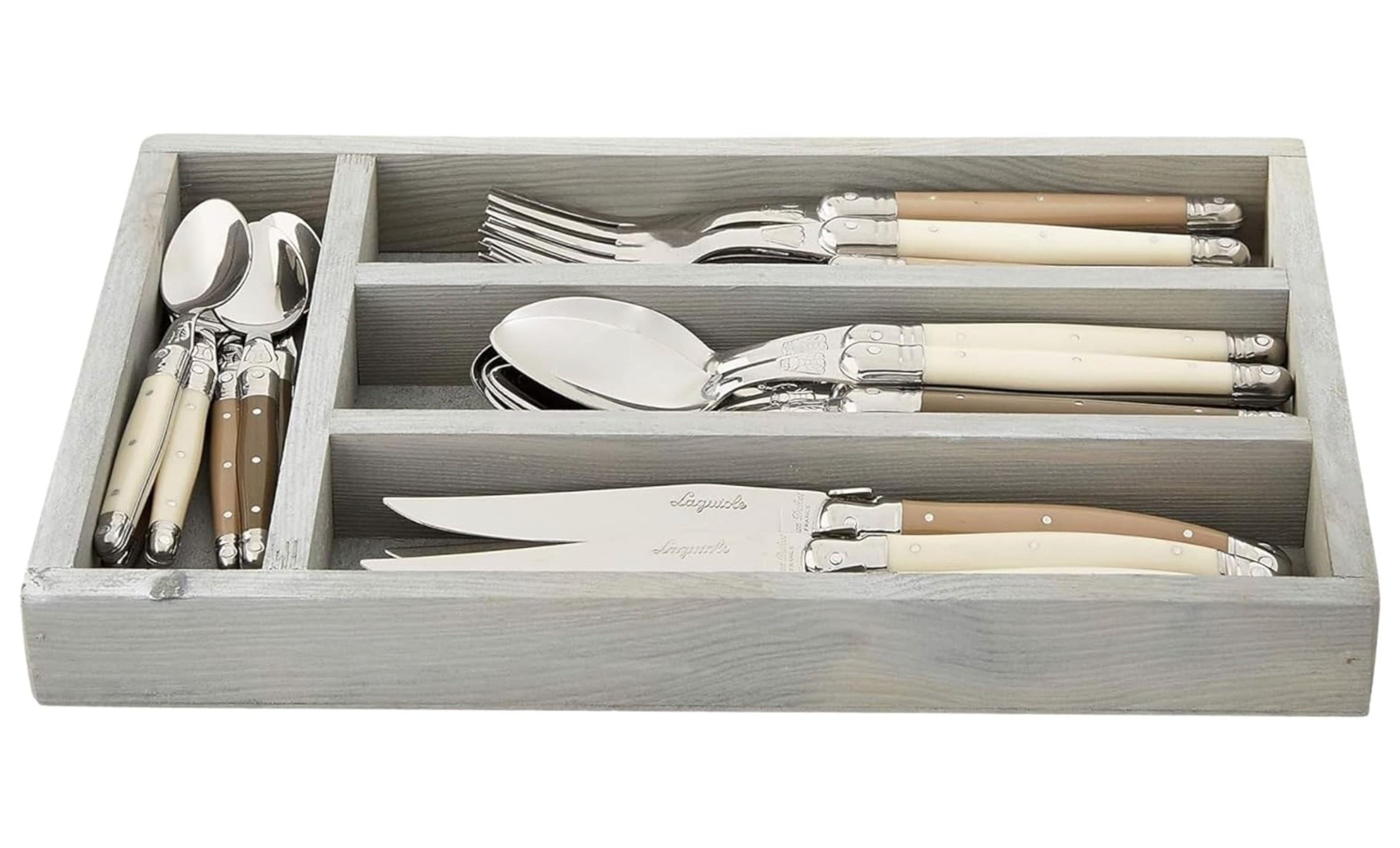 Jean Dubost 24 Pc Everyday Flatware Set with Linen colored Handles in a Tray