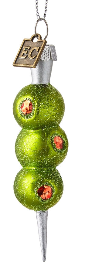 Decorative green glass ornament with red accents on a white background