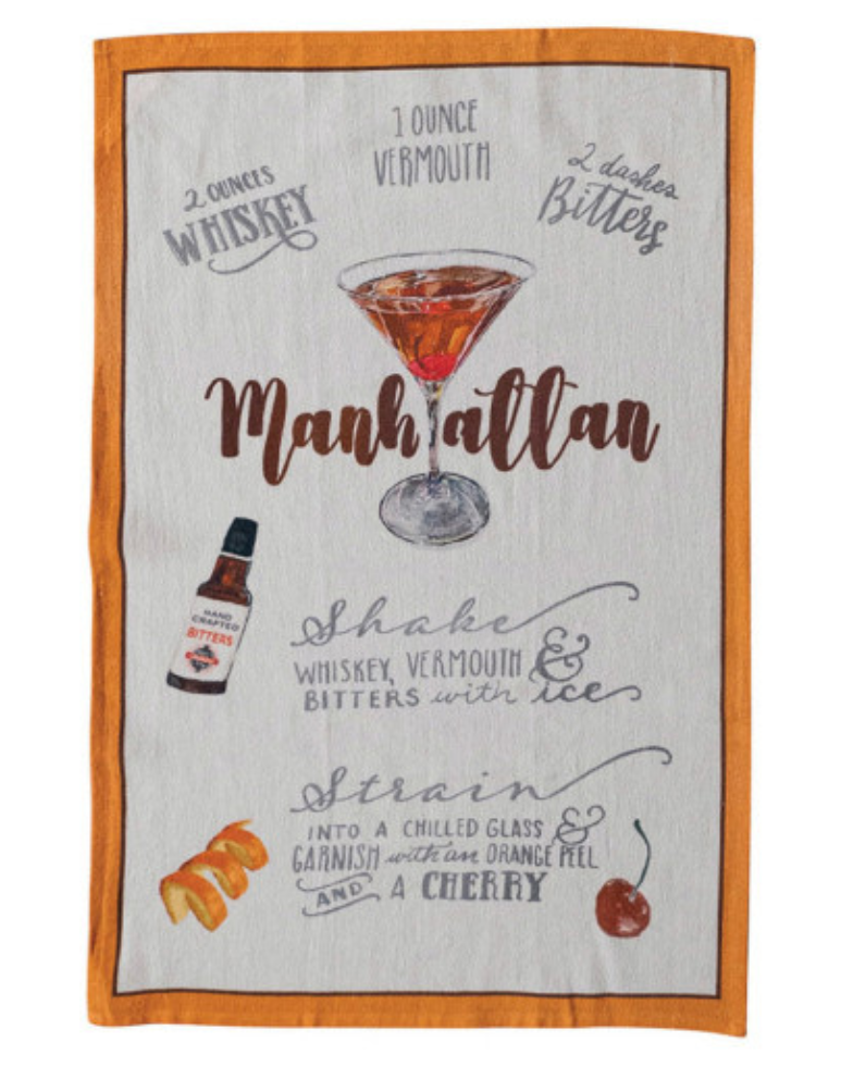 Tea towel with Manhattan cocktail recipe and illustration on a white background