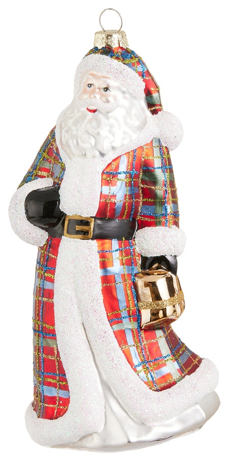 A Santa Claus Christmas ornament featuring a colorful plaid robe, white beard and trim, and a gold bell, shown against a plain white background.