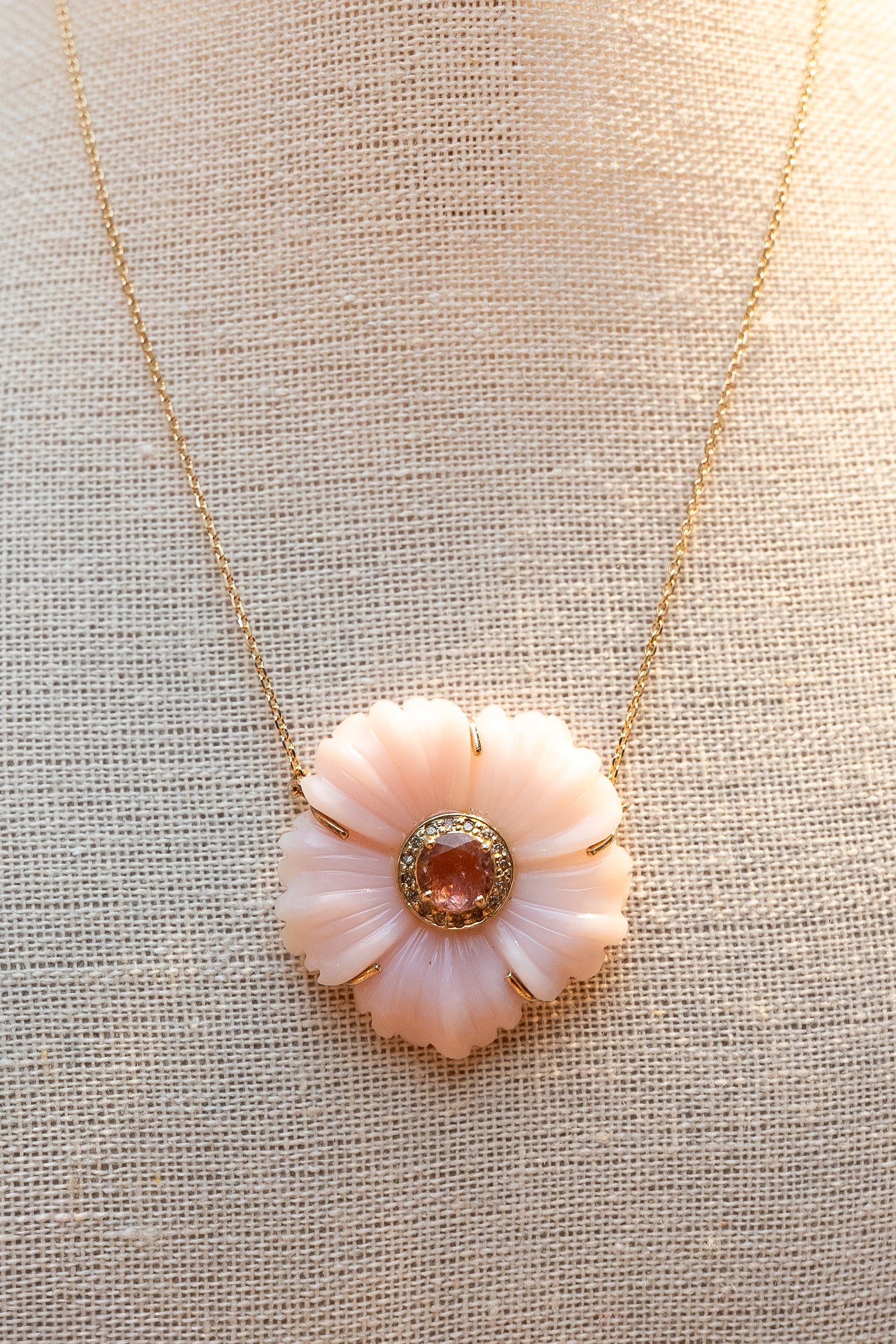 Pink Opal Flower with Pink Tourmaline, Diamonds and 10k Gold