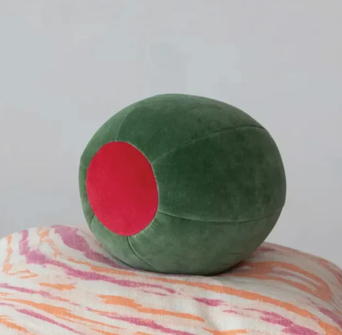 Cotton Velvet Olive Shaped Pillow, Green & Red