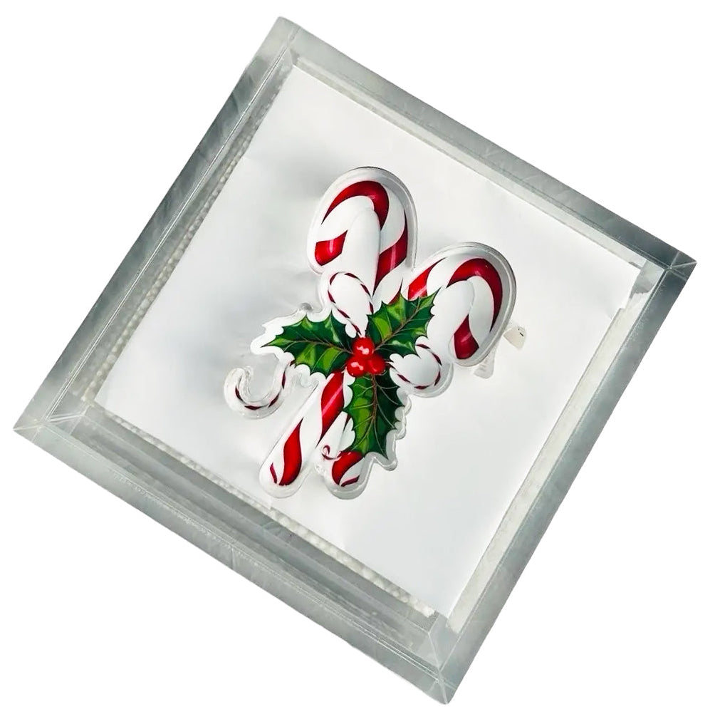 Decorative Christmas ornament with candy canes and holly in a glass box on a white background