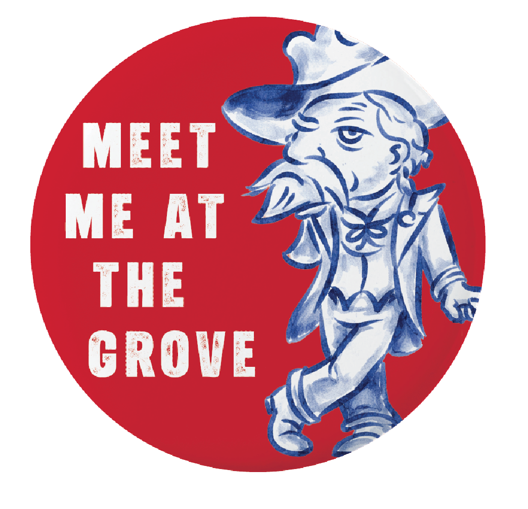 A circular red graphic with white text reading 'MEET ME AT THE GROVE' and a blue illustrated character wearing a hat and bow tie, shown on a plain white background.