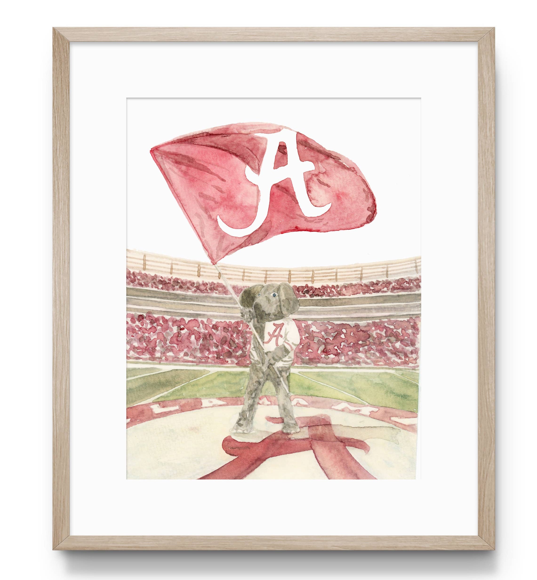 Framed artwork of a bear holding an Alabama flag on a baseball field.