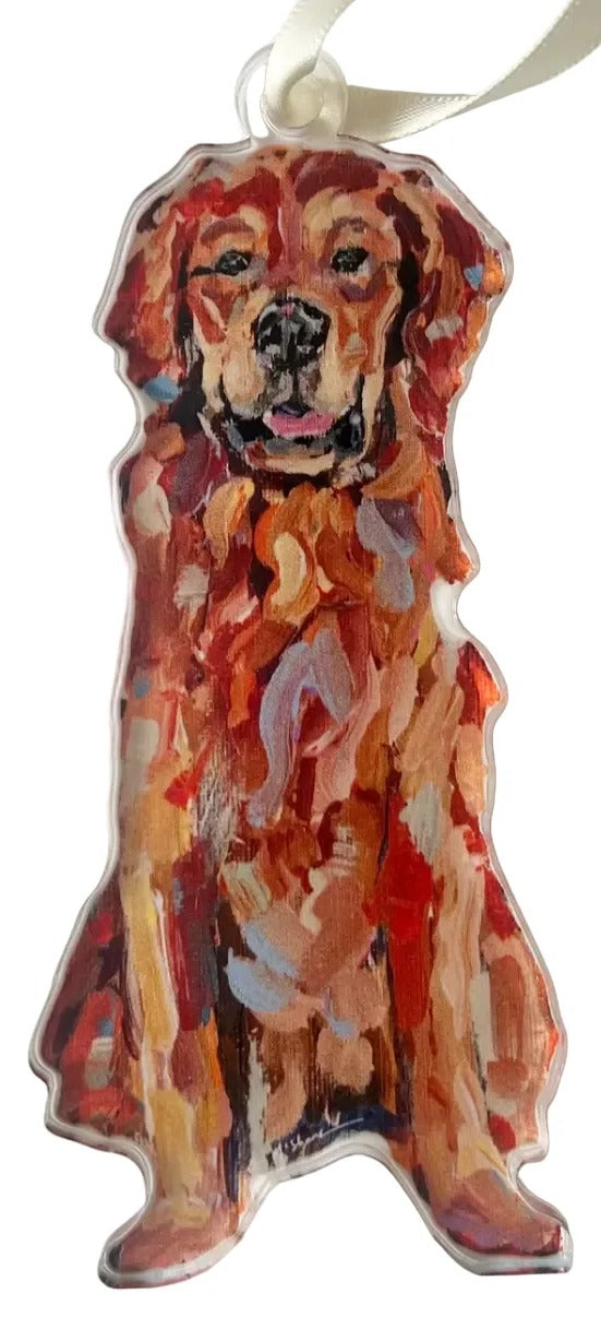 Acrylic ornament depicting a Golden Retriever dog in red and beige tones with a white ribbon at the top.