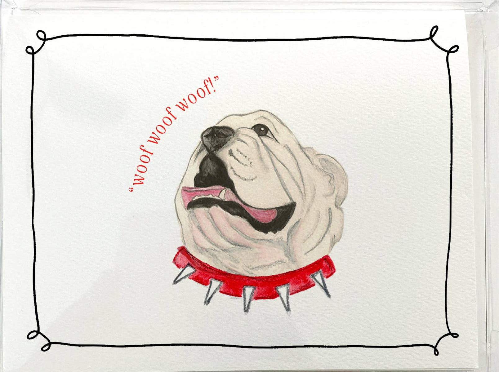 Card with a bulldog illustration and text on a white background