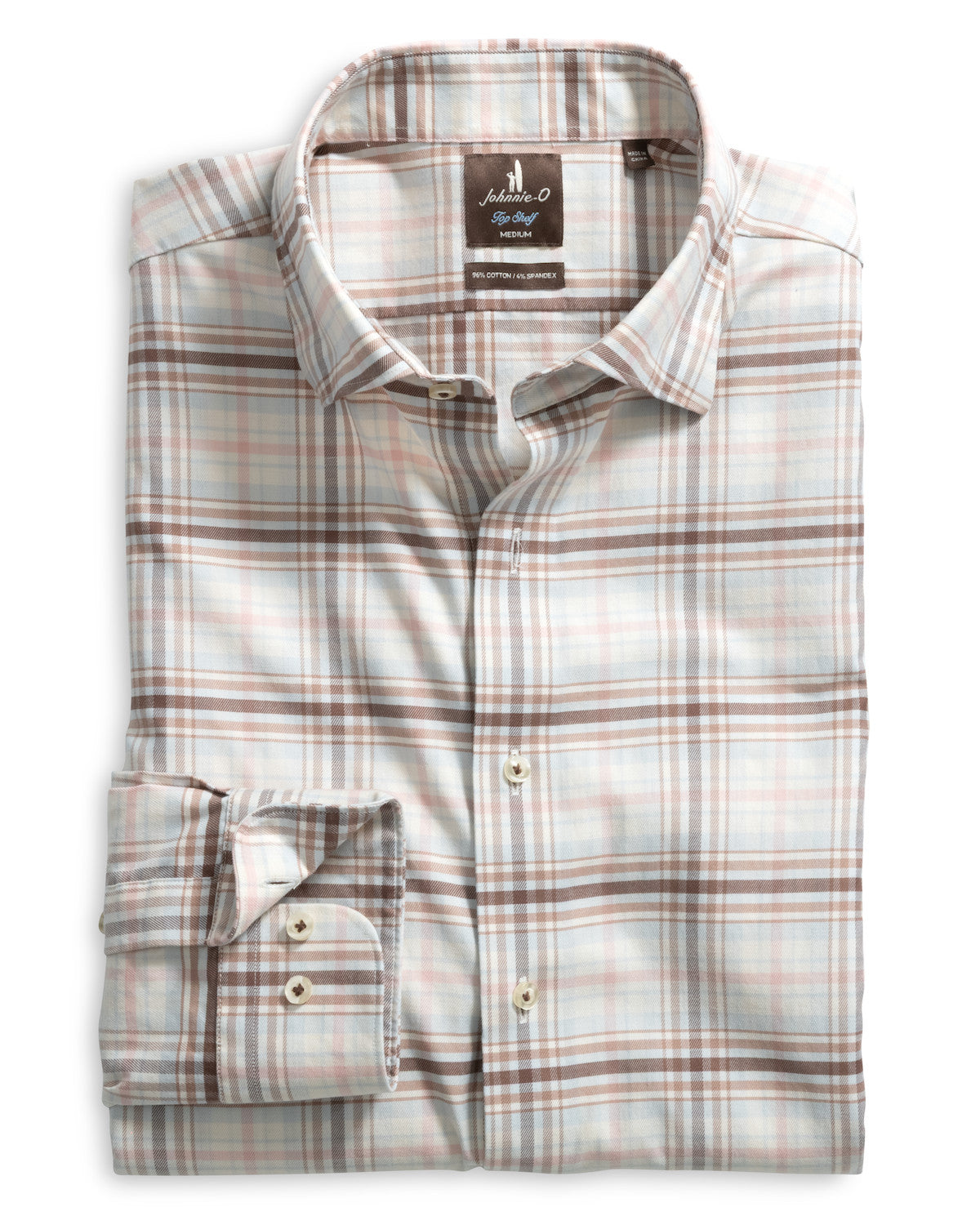 A folded long-sleeve plaid dress shirt by Anderson & Scott, featuring a light beige base with brown and muted pink plaid lines, displayed on a clean white background.