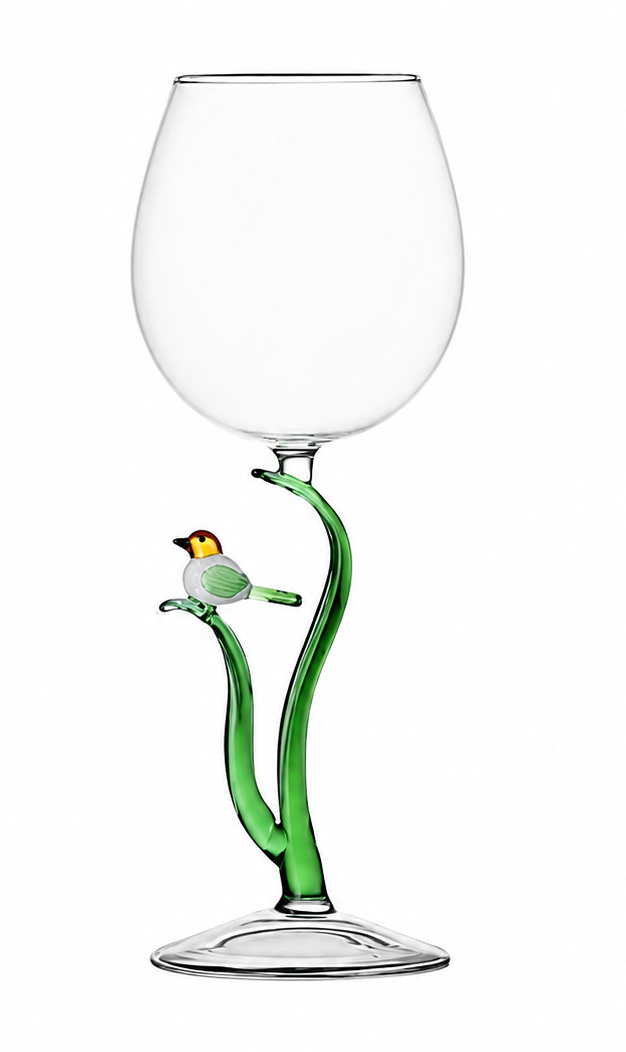 A clear glass wine glass with a sculpted green stem shaped like a curved vine and a small bird perched on it, shown on a plain white background.
