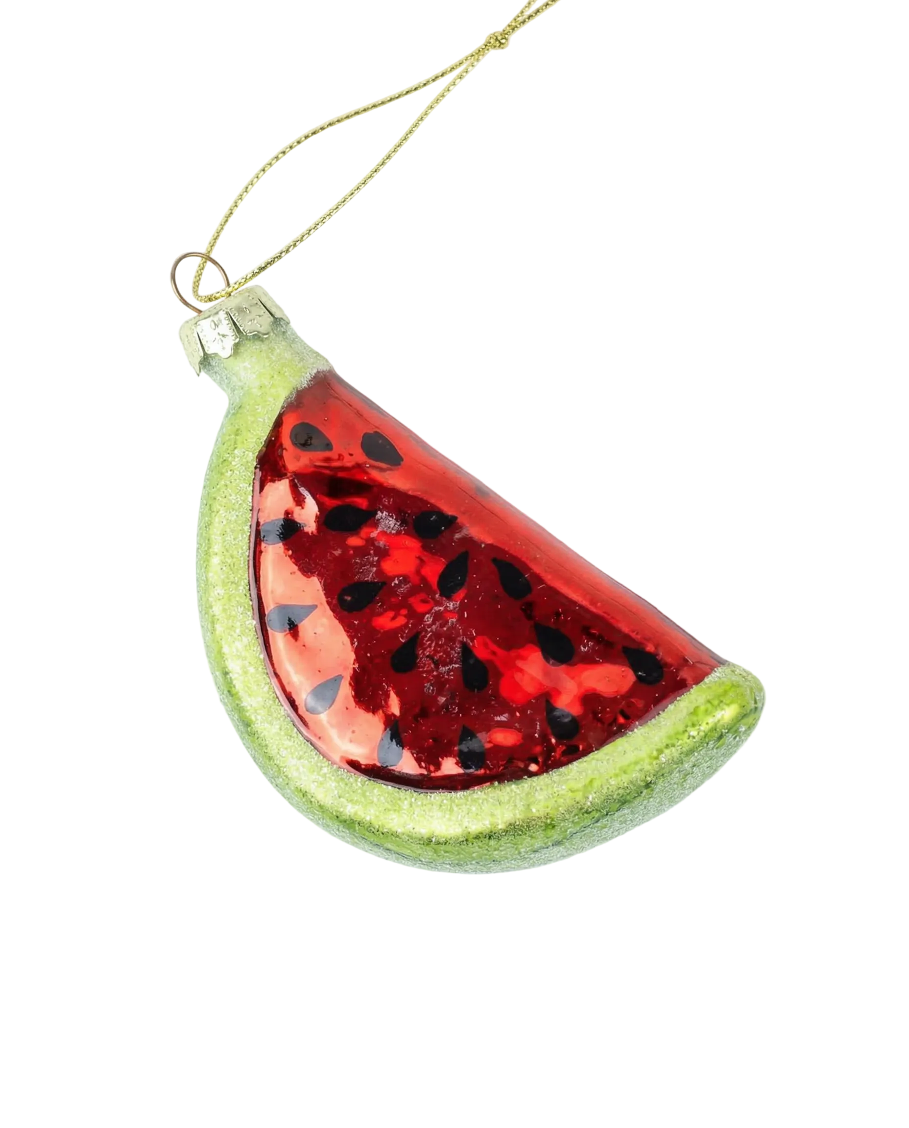 Glass ornament shaped like a watermelon slice on a white background