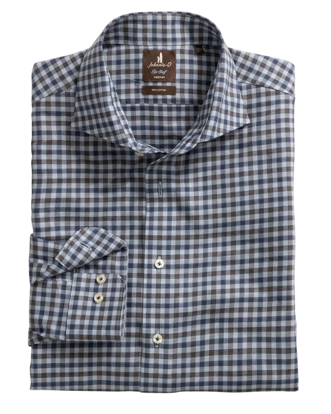 A folded long-sleeve button-up shirt with a blue, gray, and white gingham pattern, featuring a pointed collar and a brand label on the inner neck.