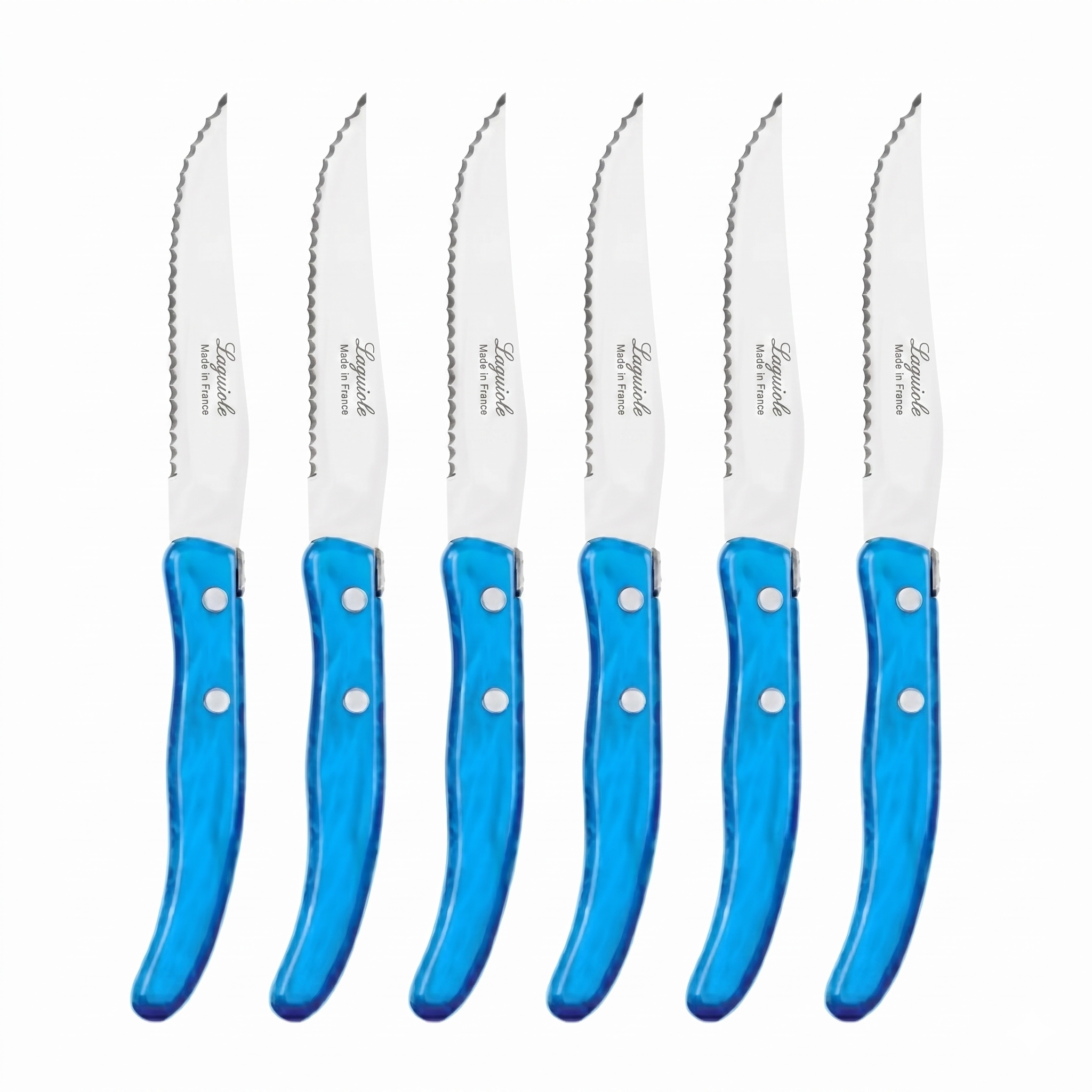 Box of 6 Berlingot Steak Knives - Bright Blue Handle