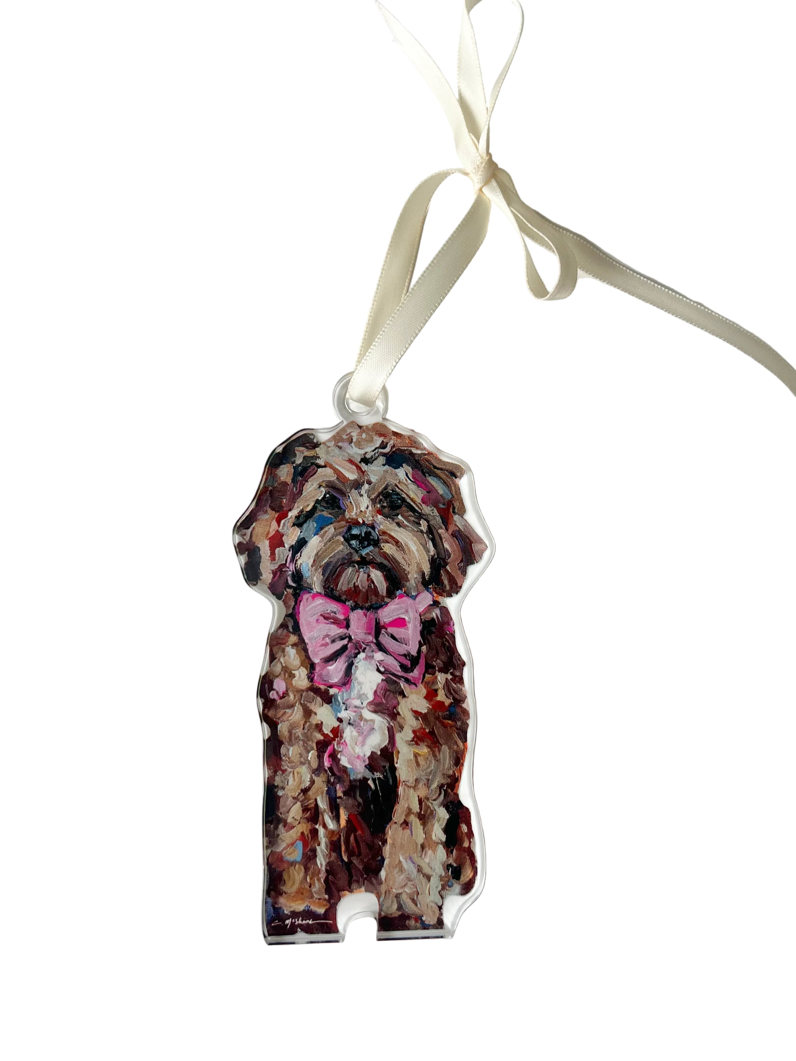 Cavapoo Red with Pink Bow Ornament
