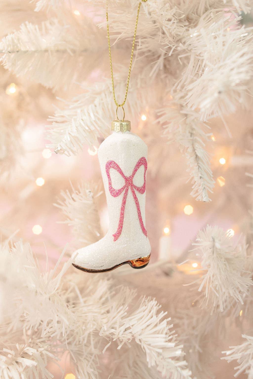 Cowboy Boot Ornament with Pink Glitter Bow