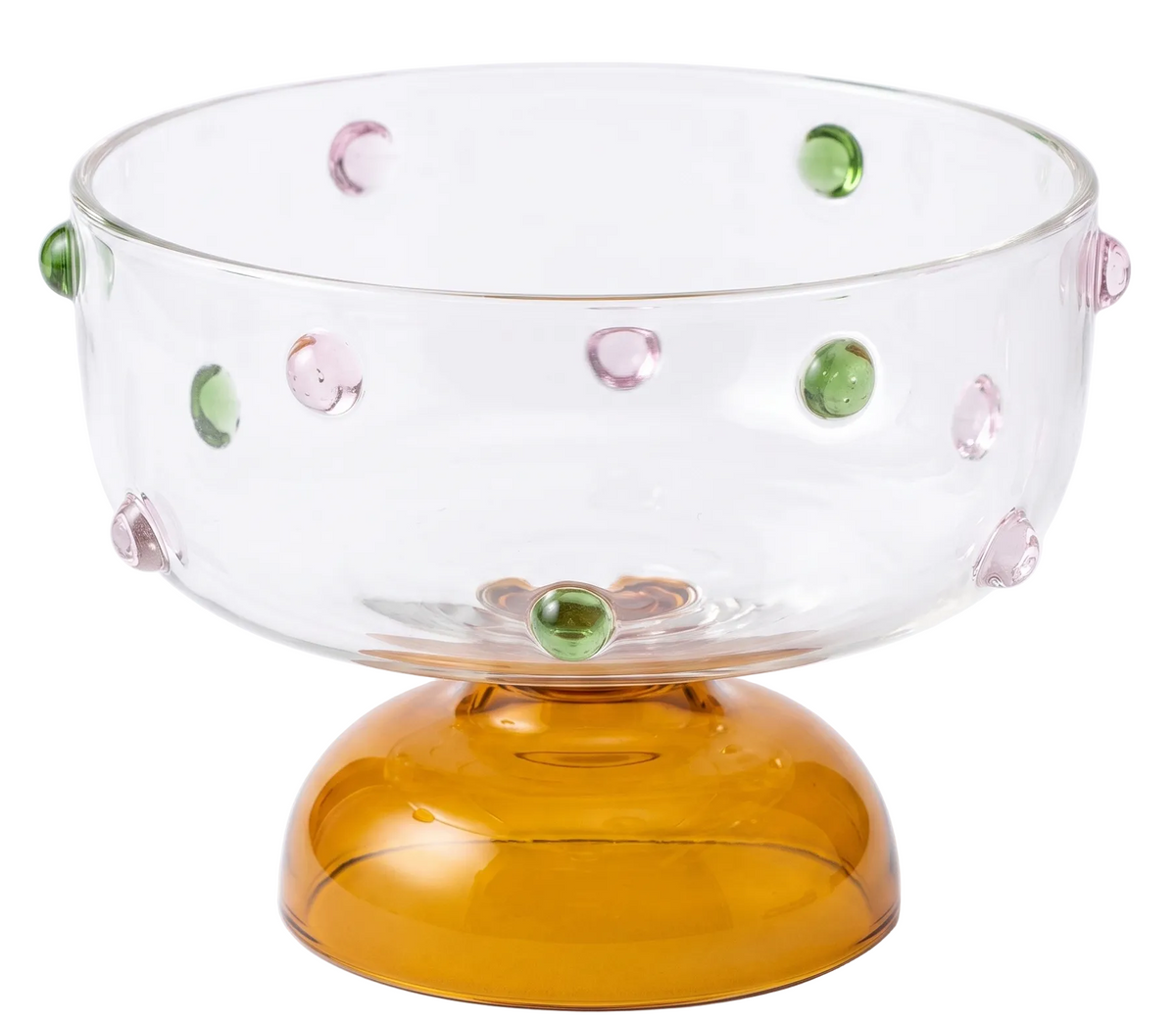 A clear glass pedestal bowl with a rounded amber base, decorated with small raised green and pink glass beads around the rim, photographed on a white background.