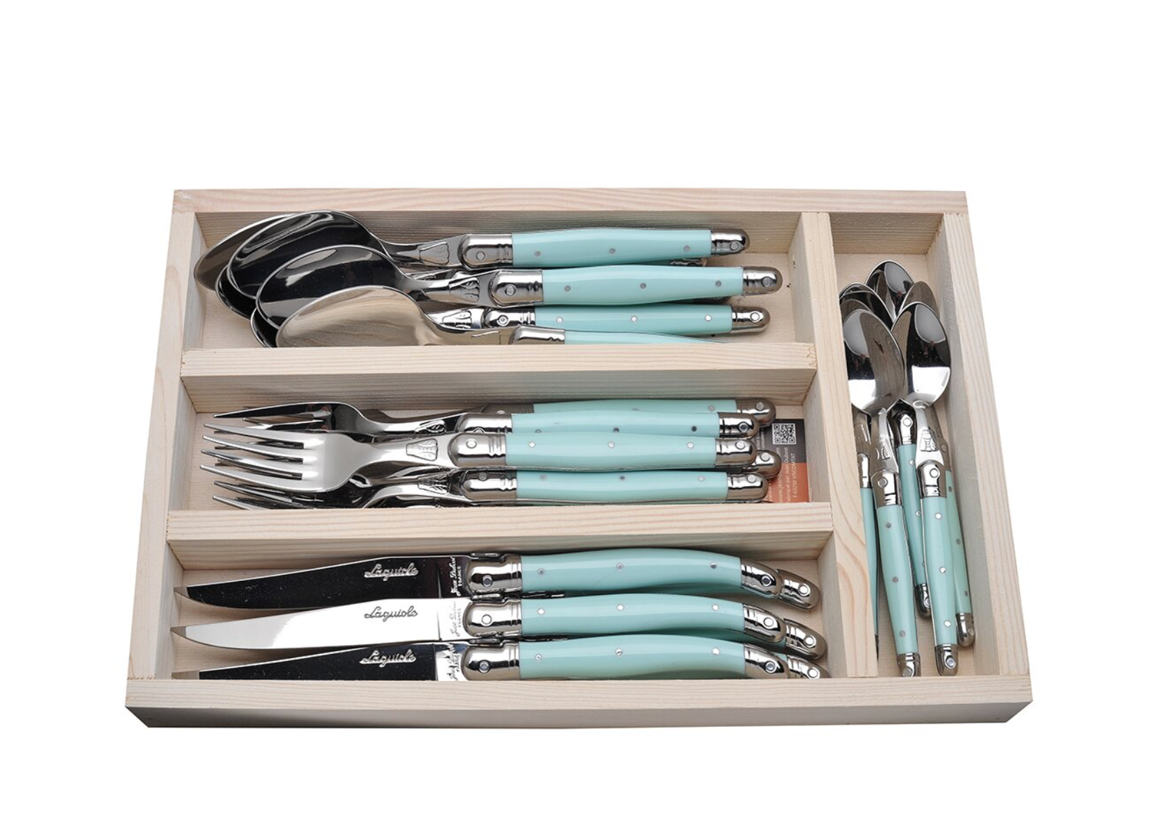 Jean Dubost 24 Pc Everyday Flatware Set with Turquoise Handles in a tray