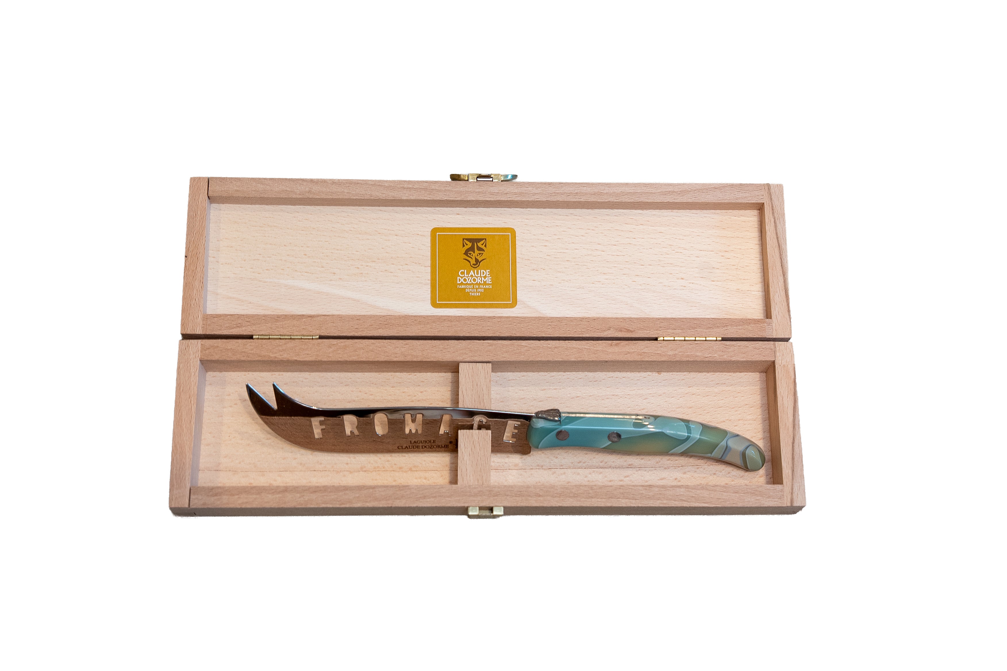 Box of Big Berlingot Cheese Knife Green Stone Handle