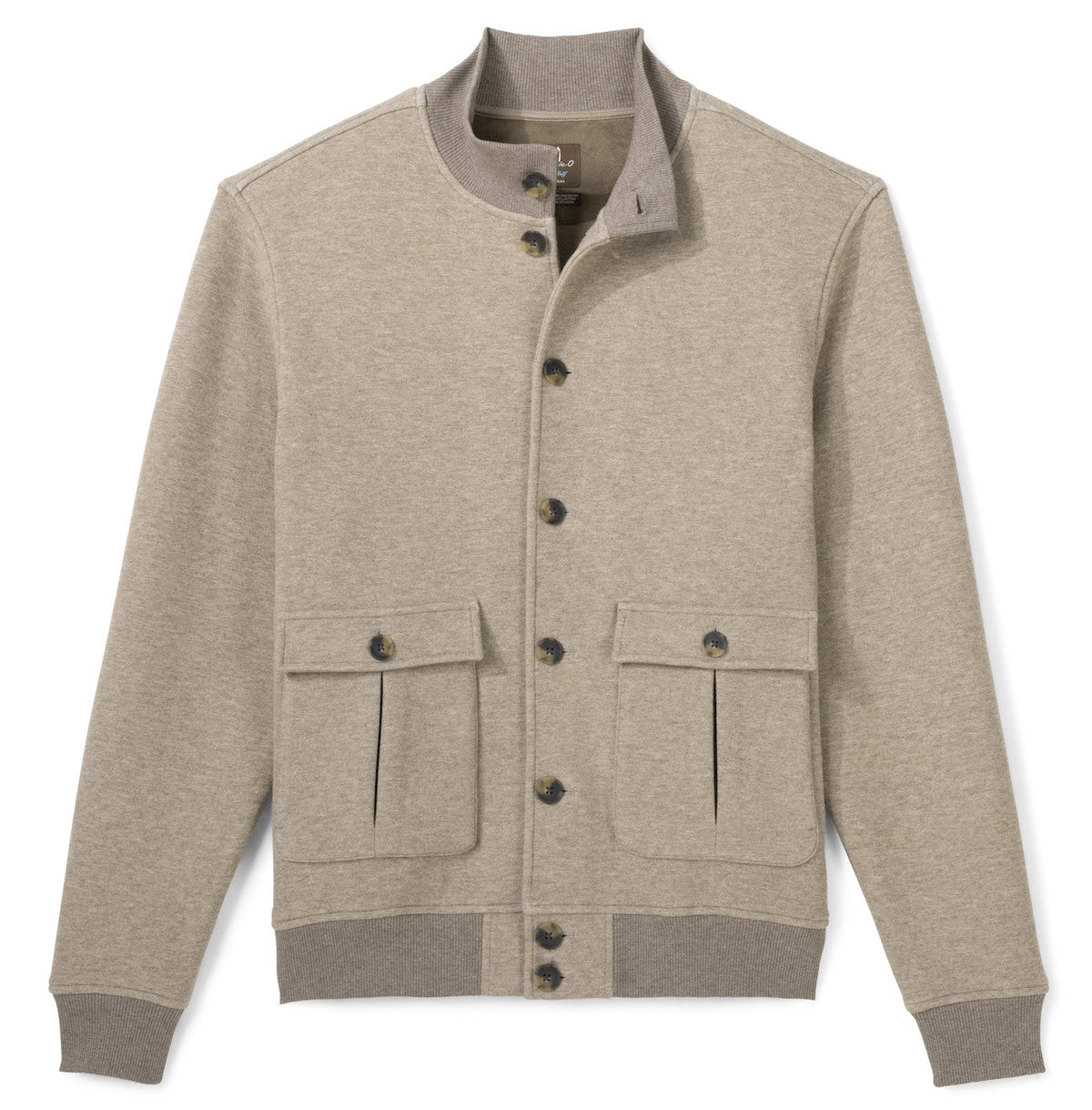 A men's knit cardigan jacket in a heathered light taupe-beige color, featuring a stand collar, dark brown buttons, two front flap pockets, and contrasting ribbed cuffs and hem.