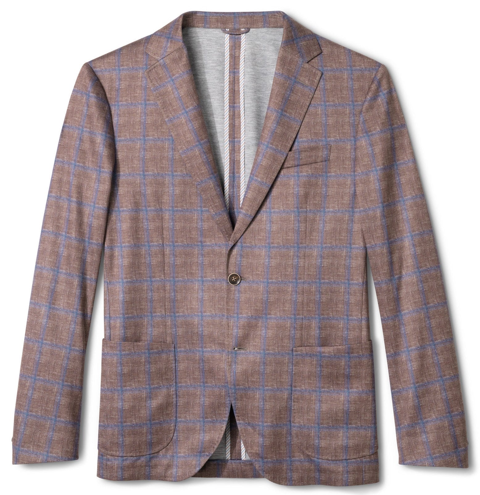 A men's single-breasted blazer in a brown and blue windowpane plaid pattern, displayed flat against a white background.