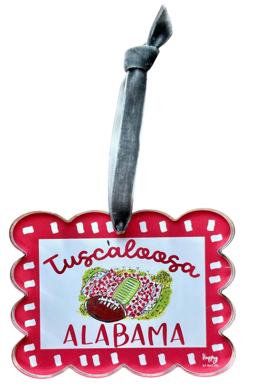 Miller Collective Tuscaloosa Alabama acrylic stadium ornament with a scalloped red border and grey velvet ribbon.