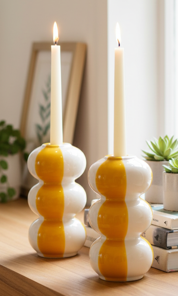 Set of Two Ceramic Striped Taper Candle Holders