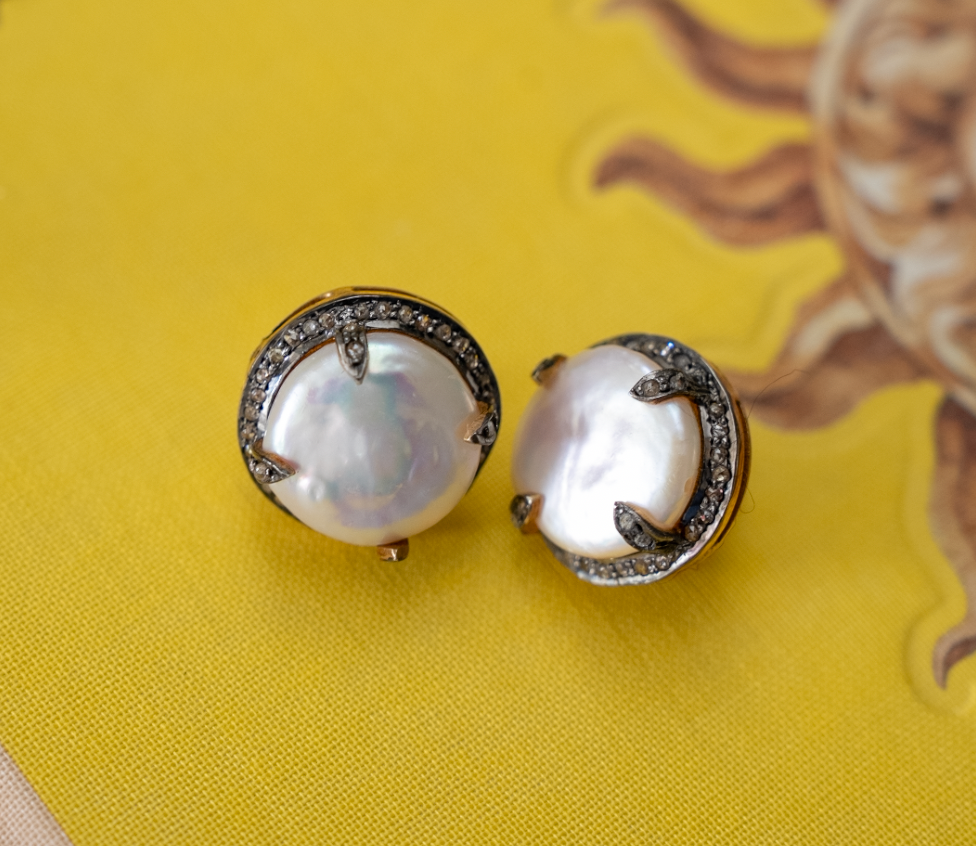 Pearl Stud Earrings Encircled in Pave Diamonds