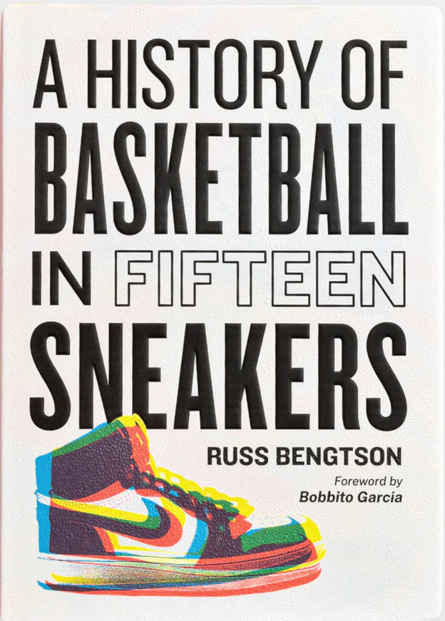 Book cover of 'A History of Basketball in Fifteen Sneakers' with a colorful sneaker illustration on a white background.