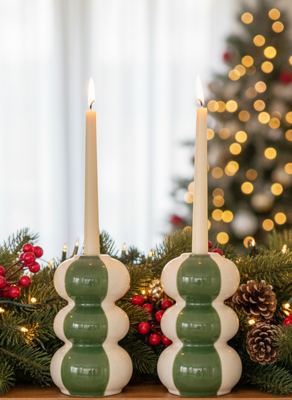 Set of Two Ceramic Striped Taper Candle Holders