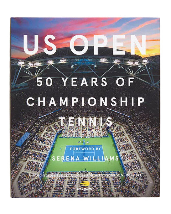 Book cover of 'US Open: 50 Years of Championship Tennis' with a stadium image on the cover.